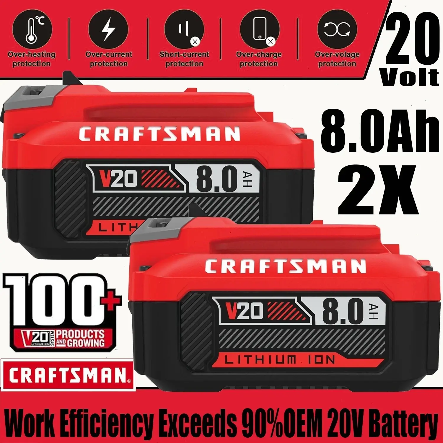 high quality  2PACK 20V 8.0AH For Craftsman 20 Volt MAX Li-ion Battery CMCB204 CMCB202 CMCB201