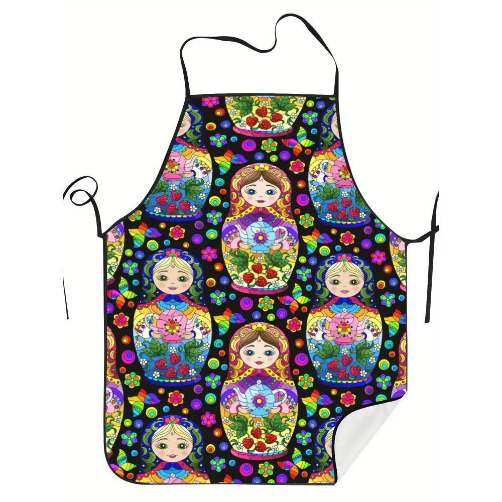 Retro Russia Doll and Butterfly Print Apron - Colorful floral pattern, durable for kitchen and dining room use, hand wash/dry clean, neutral adult protective workwear, exquisite pattern