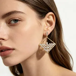 Shiny Gold Geometric Rhombus Drop Earrings for Women, Baguette Cut Zircon Dangle Earrings, 2026 TikTok Viral Trendy Statement Jewelry, Elegant Sparkly Earrings for Wedding Party Prom Daily Wear, Luxury Fashion Jewelry for Birthday Anniversary Gift for Her
