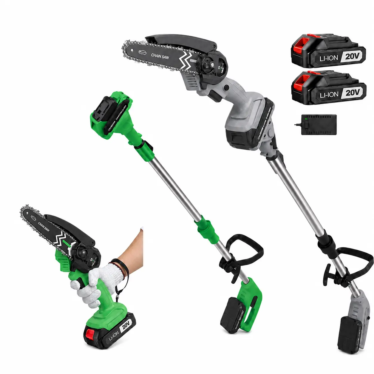 2-in-1 Brushless Cordless Pole Saw & 6-Inch Mini Chainsaw, Lightweight Garden Tree Trimmer with 2 Batteries & Extension Pole for High Branch Pruning scissors cutting