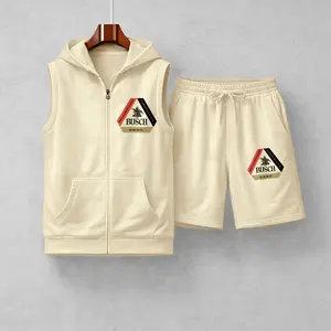Men's Busch Printed Sleeveless Hoodie And Shorts Set, Two-Piece Sportswear, Summer Casual Fitness Street Style, Zip-Up Hooded Vest And Drawstring Shorts, Breathable, Lightweight And Comfortable Loungewear Set.