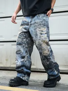 Men's 3D Printed Jeans Y2K Graffiti Denim Jeans, Wide Leg Streetwear, Loose Fit Casual Jeans for All Seasons