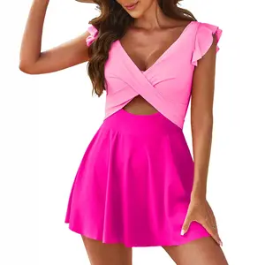 One Piece Swimdress Swimsuits,Women's One Piece Swimsuit Ruffle Cutout Swimdress Tummy Control V Neck Wrap Swimwear Swimming Sport Clothing Beach