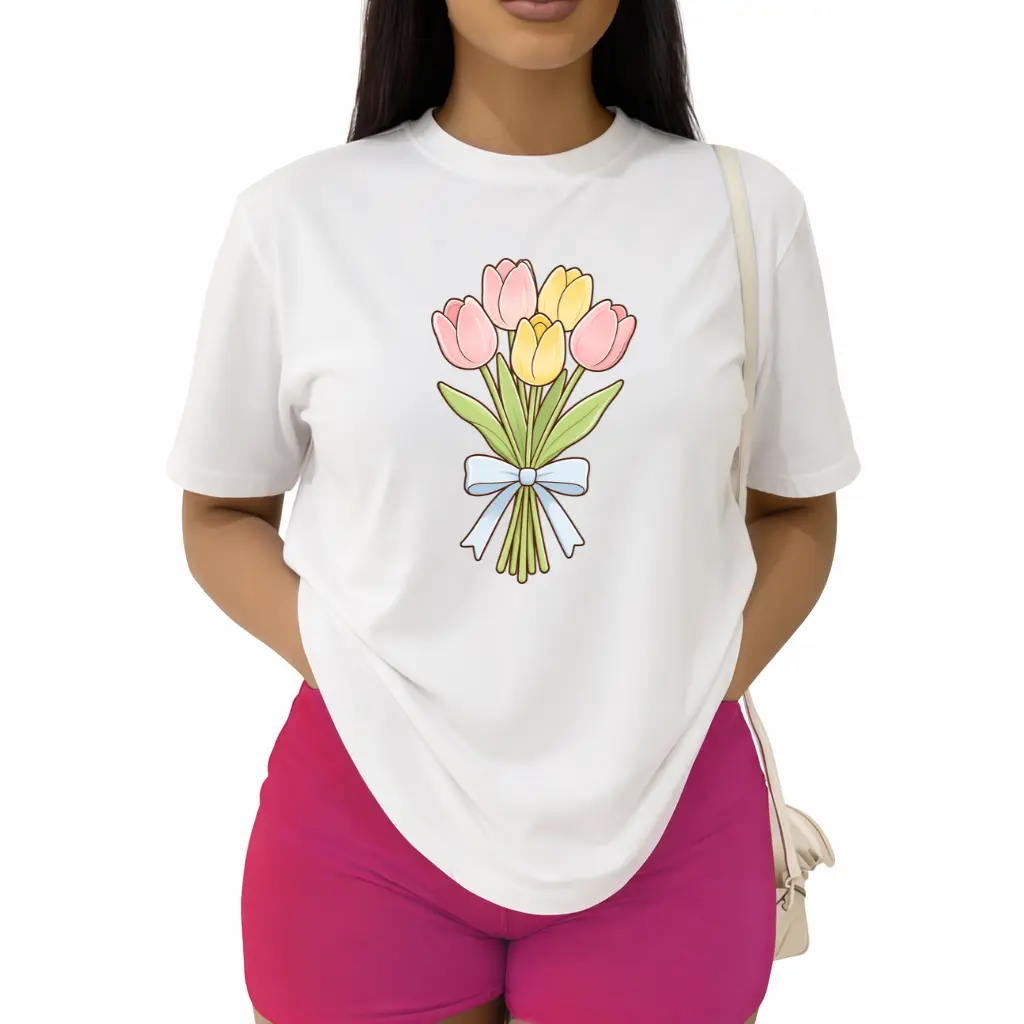 Plus Size - Women'S Oversized  Crew Neck T-Shirt Floral Tulip Bouquet Comfortable And Breathable Spring Summer Fresh Summer Casual Print