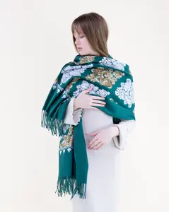 Elegant Embroidered Floral Vines Scarf with Fringe Soft Acrylic Blend Diamond Motifs Lace Elements Timeless Everyday and Evening Style
