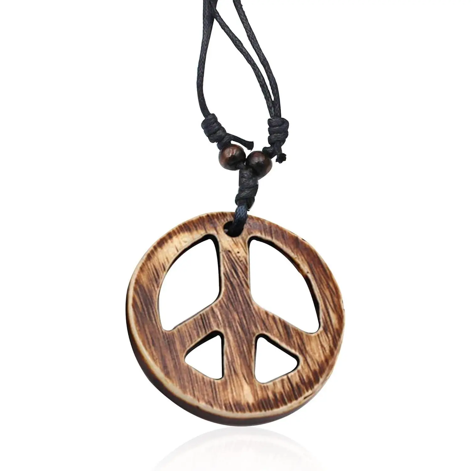 Adjustable Love Peace Symbol Sign Pendant Necklace with Organic Wood Hippie Accessories Hippie Costume for Women Men 60s or 70s Jewelry