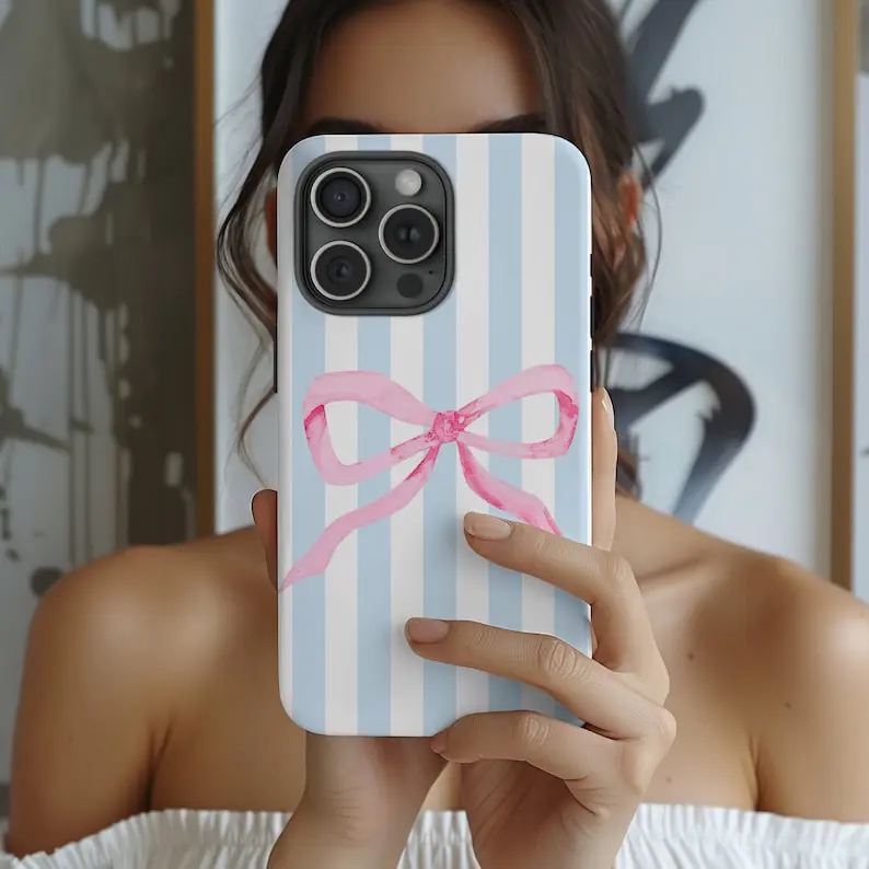 BROOKE blue and white striped with pink bow protective Premium Film 2 in 1 Phone Case - Durable, Shock Absorbing and Stylish Protection - Compatible with iPhone 16, 15, 14, 13, 12, 11, Plus, Pro, Pro Max, Perfect birthday gift for friends.