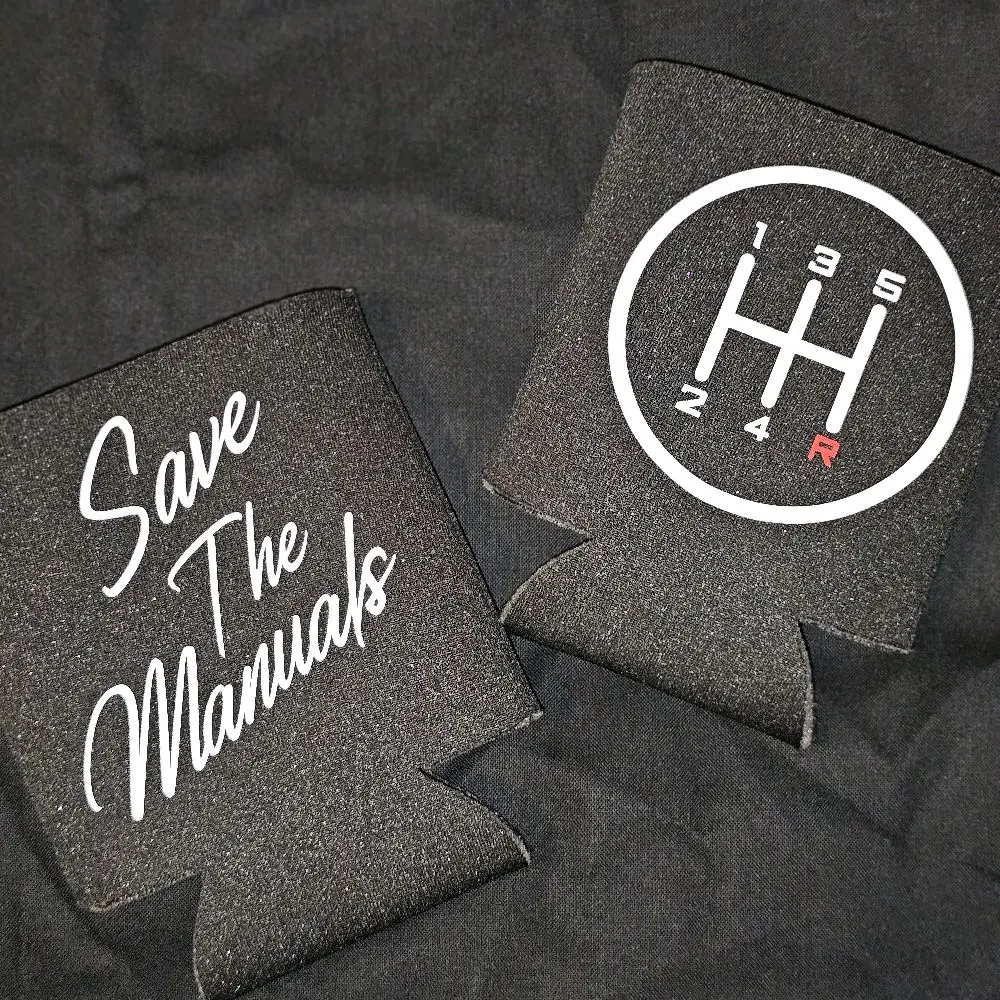 Save The Manuals Can Koozie - Dual Sided with Gear Shift Design & Text "Save The Manuals" Black Color Drinkware Stylish Beverage