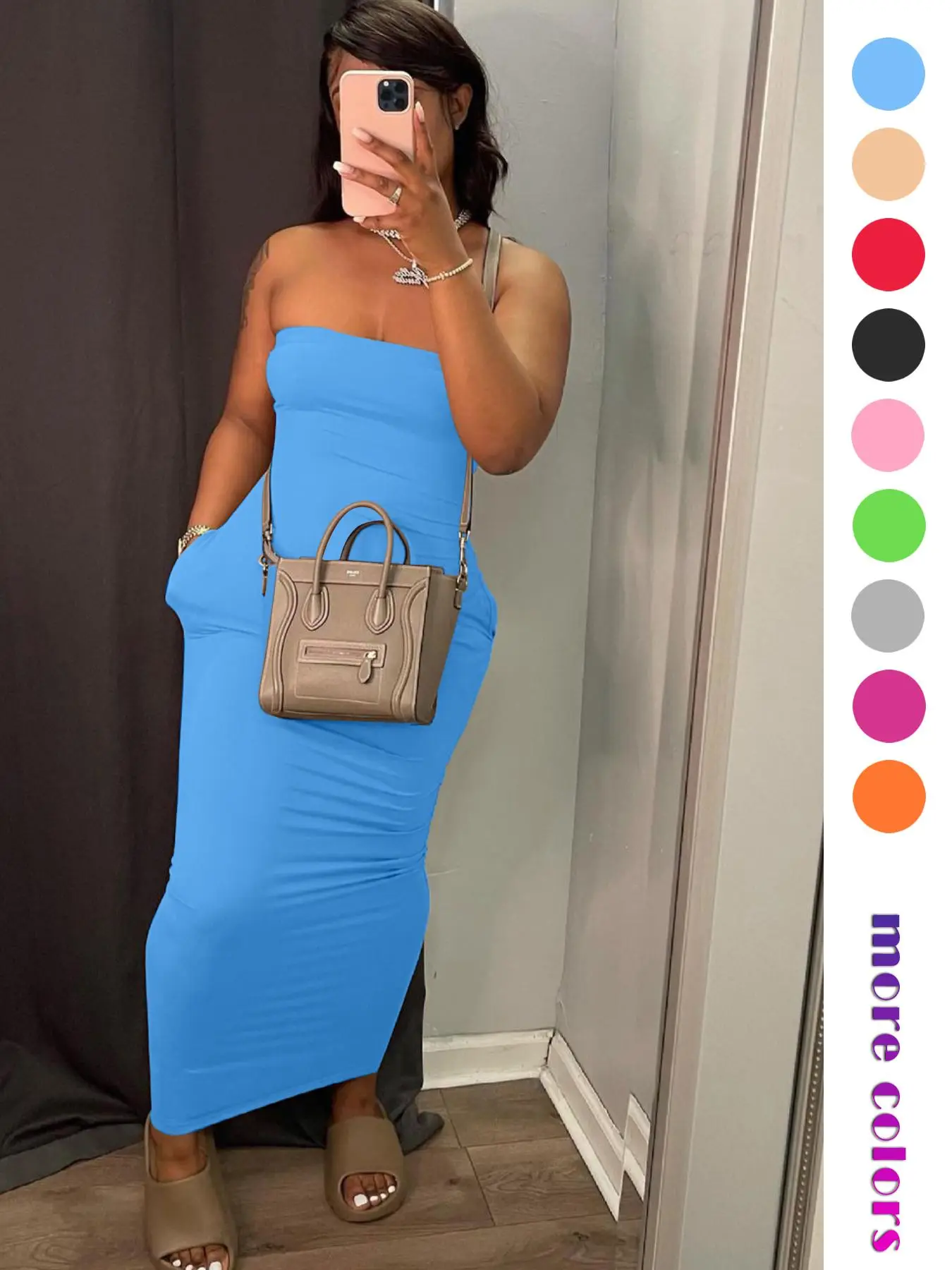 Women's Strapless Solid Color Pocket Dress, Versatile Summer Party and Casual Dress, Fitted Moderate Thickness Fabric, Lady