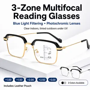 Multifocal Reading Glasses for Men Women, 3-Zone Lens Design, Lightweight Everyday Eyeglasses with Blue Light Blocking & UV400 Protection Semi-Rimless Black Gold Frame for Work Travel & Everyday Use, Available +1.00 to +3.00