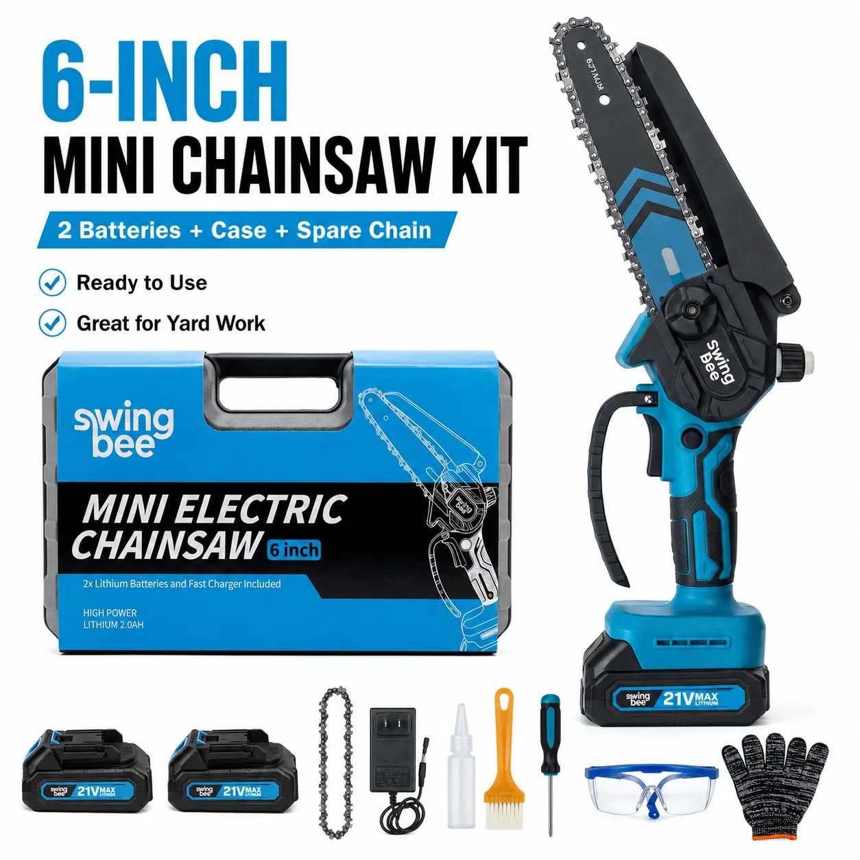 SwingBee 6-Inch Cordless Mini Chainsaw, 21V MAX Portable Handheld Electric Chain Saw with 2 Batteries, Carrying Case, Spare Chain for Tree Trimming, Wood Cutting