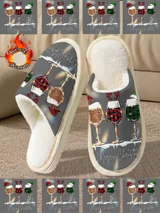 Festive Wine Glass Pattern Home Shoes for Women & Men, Halloween Christmas Indoor Slippers, Comfortable Animal Print Couples Shoes