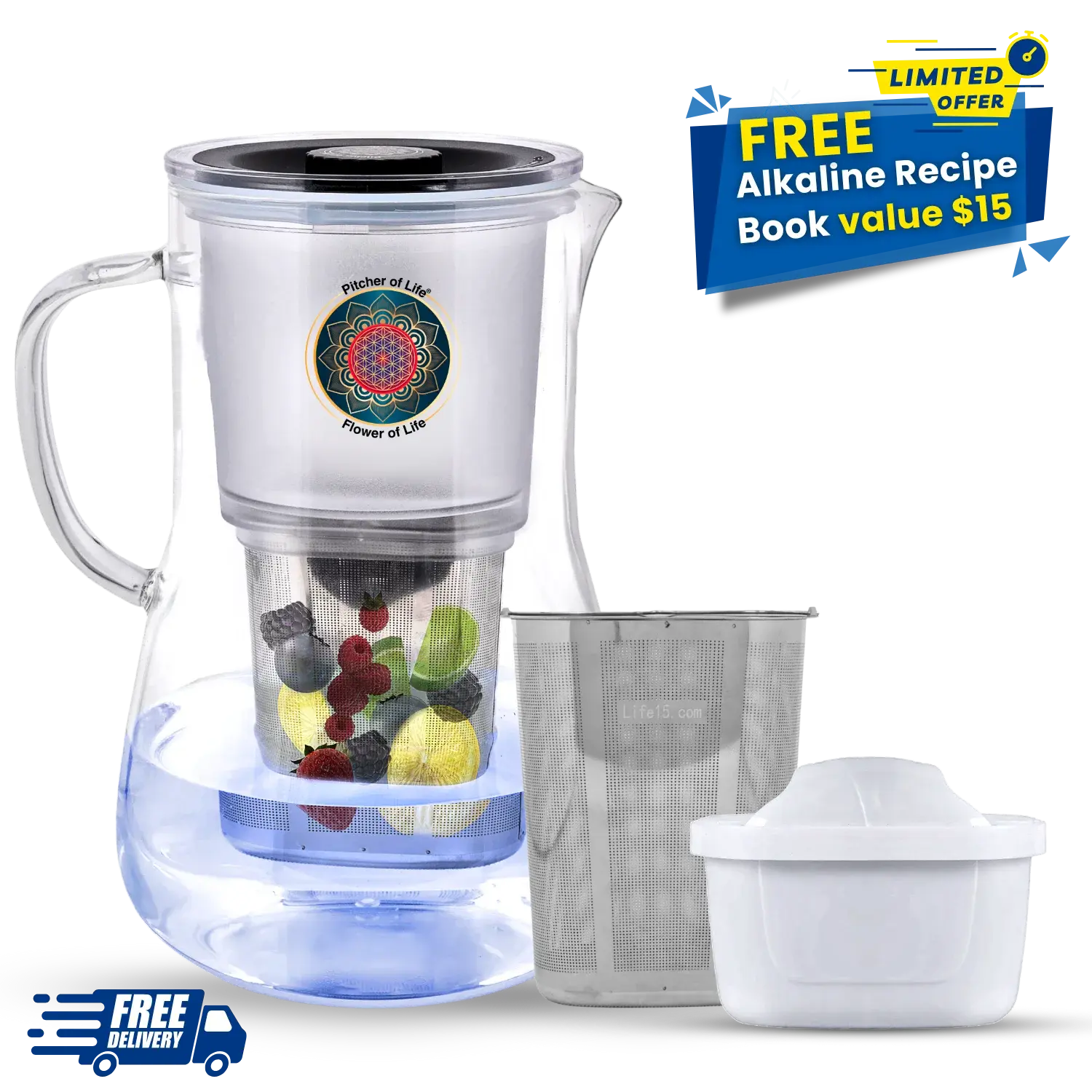 Borosilicate Glass Pitcher of Life Alkaline Water Purifier with Food-Grade Stainless Steel Infuser + Free Shipping