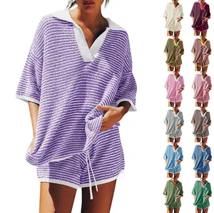 Fessceruna Womens Sweater Set 2 Piece Outfits Oversized 3/4 Sleeve V Neck Knit Tops High Waisted Shorts Lounge Sets