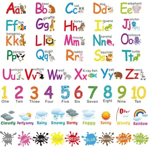 F-WPA03  6 Sheets Alphabet Number Color Weather Learning Educational Wall Decals Peel and Stick Alphabet Wall Stickers Educational Classroom Stickers for Kids Playroom Bedroom Decorations