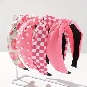 4-Pack Knotted Wide Headbands for Women – Non-Slip Floral Print Hair Bands in Hot Pink