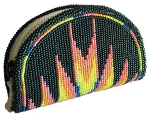 Hand Beaded Native American Inspired Ethnic Style Seed Bead Coin Purse - Black Fire