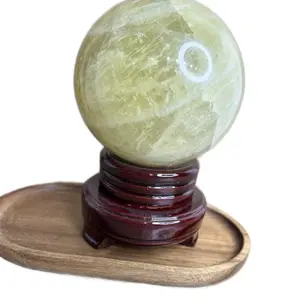 Lemon Citrine Stone Sphere Home Decor - Elegant Glossy Design on Wooden Base for Home Decor