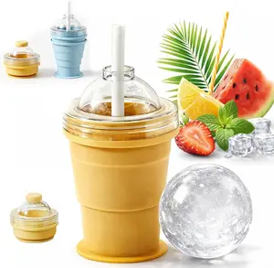 2 in 1 Collapsible Silicone Ice Ball Maker Cup Reusable Portable Sphere Mold Foldable Travel Tumbler Straw Lid Leakproof Easy Demolding for Whiskey Cocktails Coffee Juice Outdoor(Yellow)