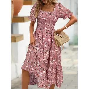 Elegant Floral Print Square Neck Midi Dress for Women - Polyester and Spandex Blend with Puff Sleeves, Woven Fit and Flare Style for Summer summer outfits