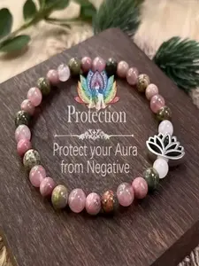 Reiki Bracelet Chakra Lotus Jewelry, 6mm Quartz, Rhodonite, Unakite Round Beads, Handmade Natural Stone, Prosperity & Love, Women's Bohemian Jewelry