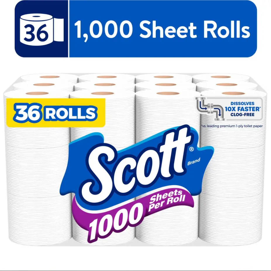 Scott 1000 1-Ply Toilet Paper, 36 Rolls, 1,000 Sheets per Roll