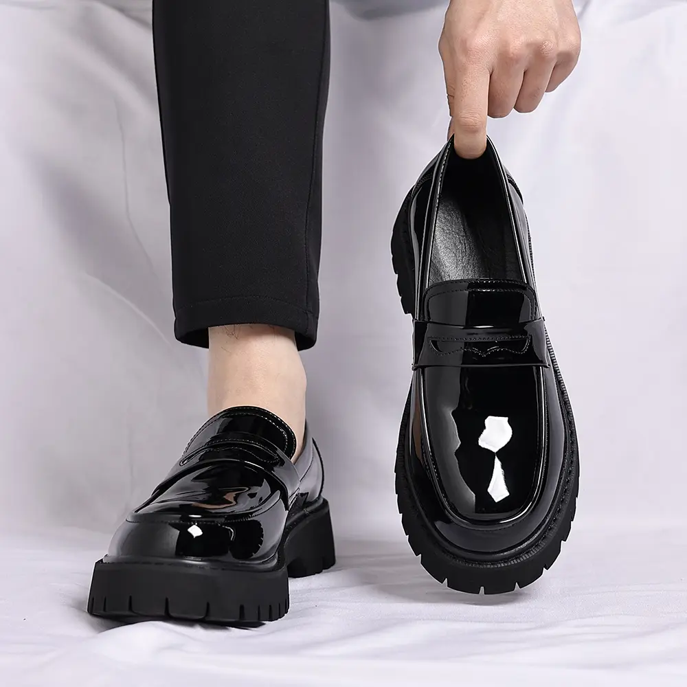 Men's Chunky Penny Slip-On Shoes - Business Casual Footwear with a Polished Finish, Round Toe, and Thick Rubber Sole for Formal Work, Loafers, Men's Shoes, Patent Leather, Ankle, Holiday, Pu, Pu Leather Loafers, Breathable, Tassel, Us 10/Cn 44, All Season