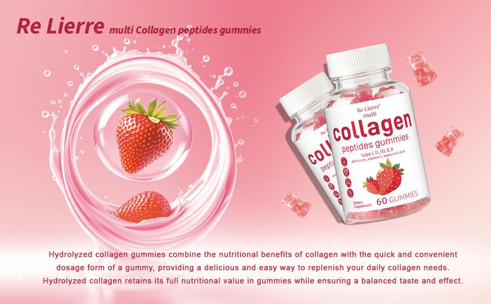 RE LIERRE Multi Collagen Gummies | 5 Types Peptides with Biotin & Hyaluronic Acid | Anti-Aging & Radiant Skin Supplement | Strawberry 60 Ct