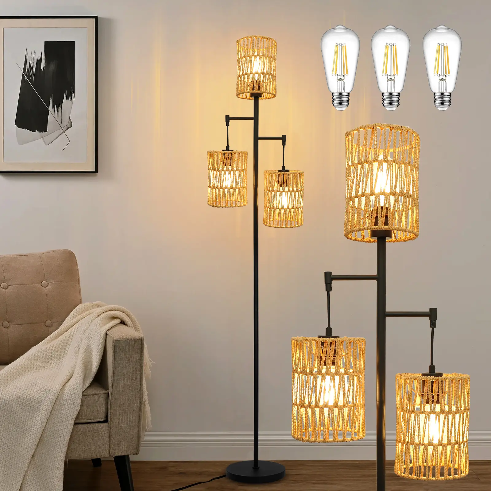 DEMILARE Boho Rattan Weave 3-Cylinder Shade Floor Standing Lamp - Adjustable Farmhouse Rustic Bohemia Floor Light for Living Room, Bedroom, Whimsical Home Decor