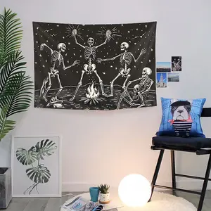 Dark Starry Night Skull Party Tapestry, Vintage Hand-Drawn Campfire Decor, Cool Bedroom Background Wall Art, Unique Dark Room Decoration