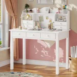 ADORNEVE Writing Desk with 7 Drawers and Hutch 36.2 Inch Home Office Student Desk Study Table with Solid Pine Wood Legs