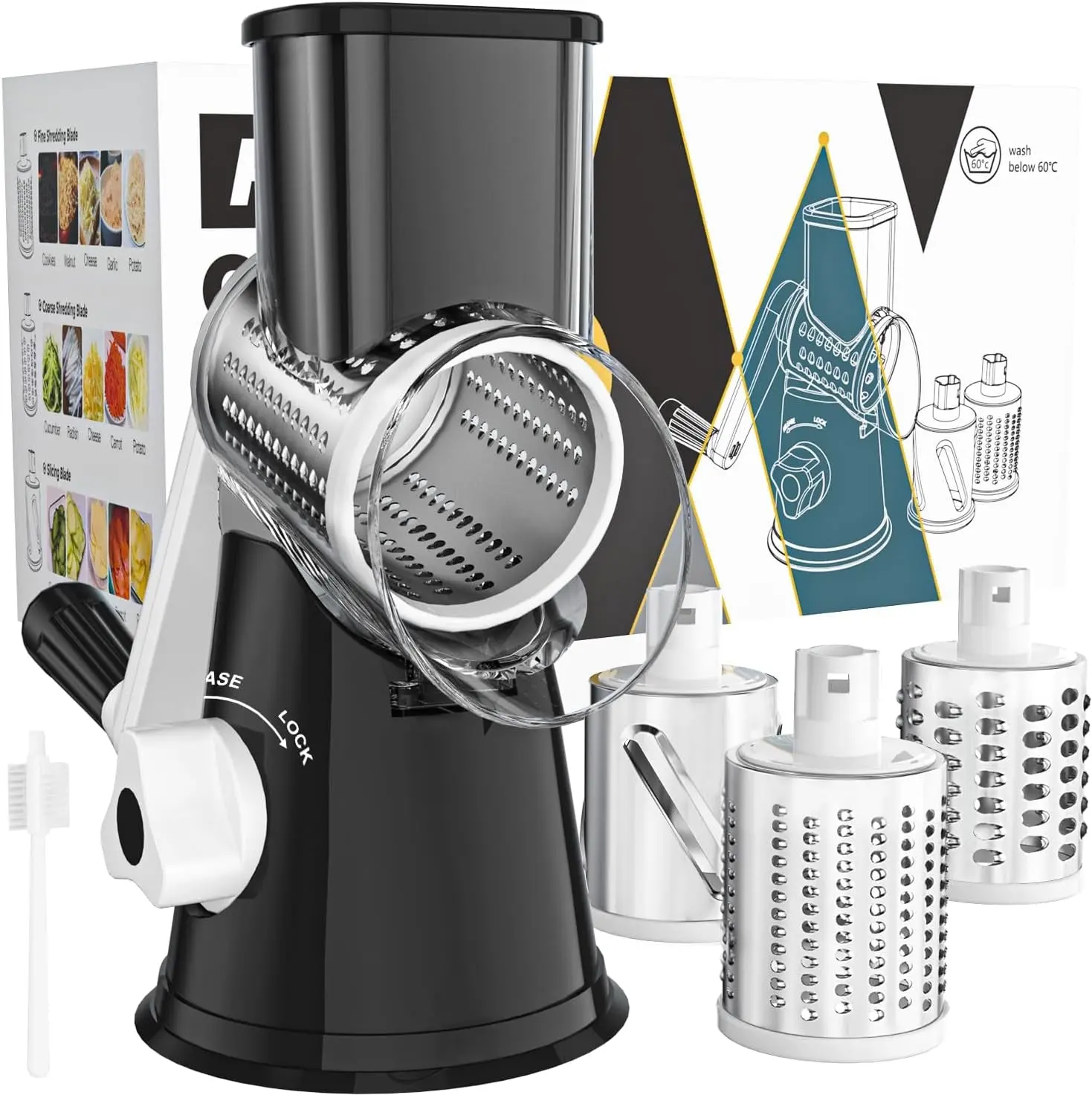 Rotary Cheese Grater Hand Crank Cheese Shredder for Fresh Cheese, Vegetable, Nuts,Non-Slip Suction Base, Free Cleaning Brush Three Blades, Black