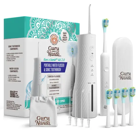 GuruNanda Lion & Lamb Kit 2.0, Electric Toothbrush with Water Flosser Combo, 4 Jet Tips, 4 Brush Heads & IPX7 Waterproof Design for Complete Oral Care
