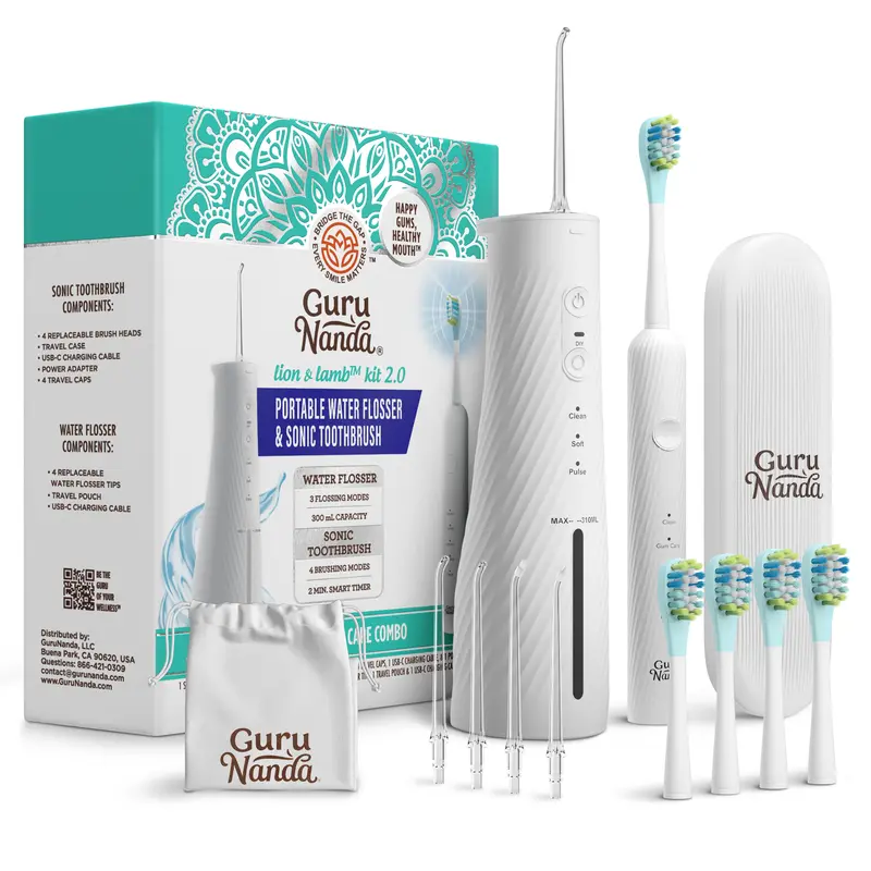 GuruNanda Lion & Lamb Kit 2.0, Electric Toothbrush with Water Flosser Combo, 4 Jet Tips, 4 Brush Heads & IPX7 Waterproof Design for Complete Oral Care