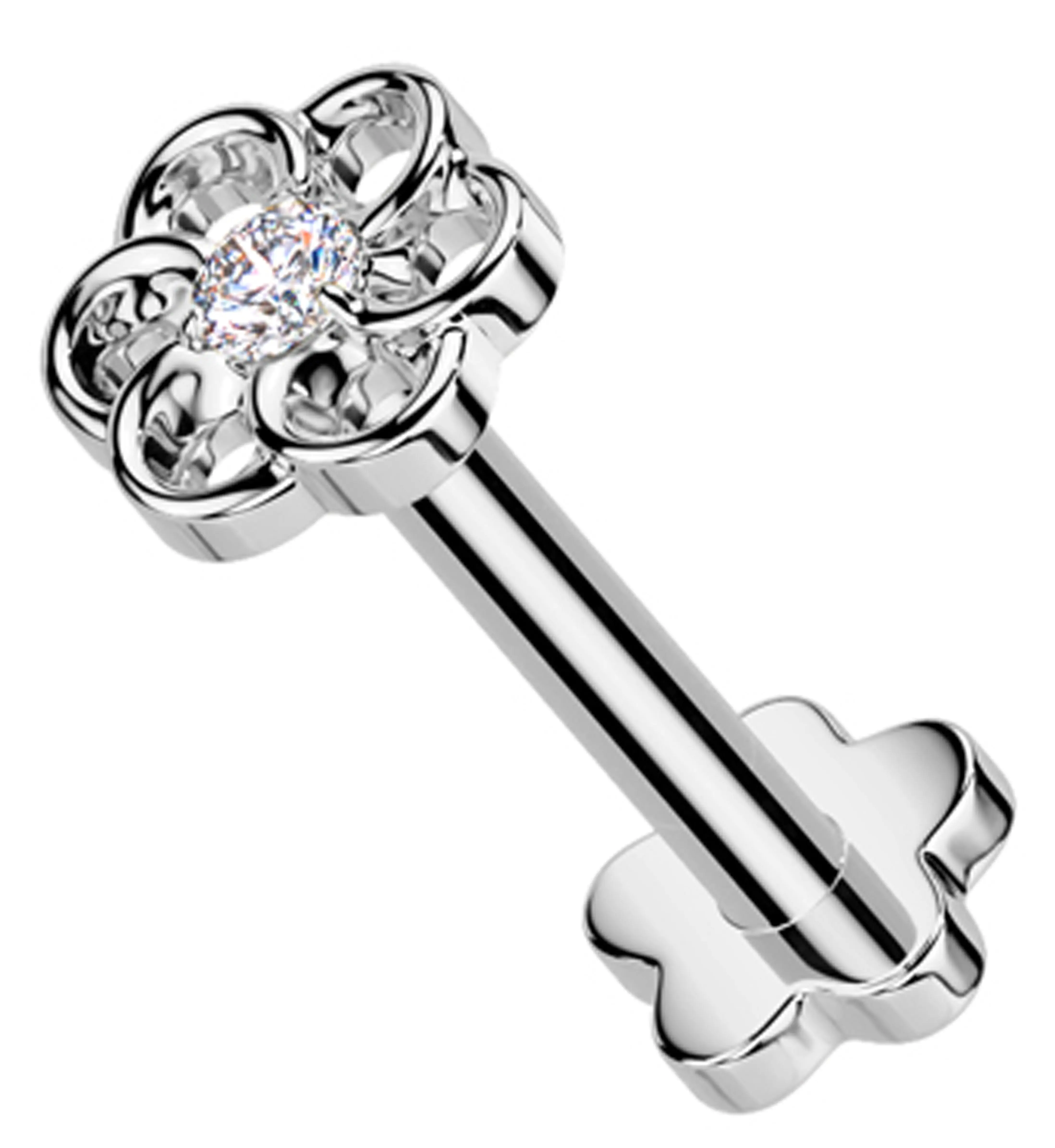 Threadless Titanium Labret with Swirling Flower Design, CZ Accent, Flower Back, 16g/18g/20g Sizes, 5/16 inch Length