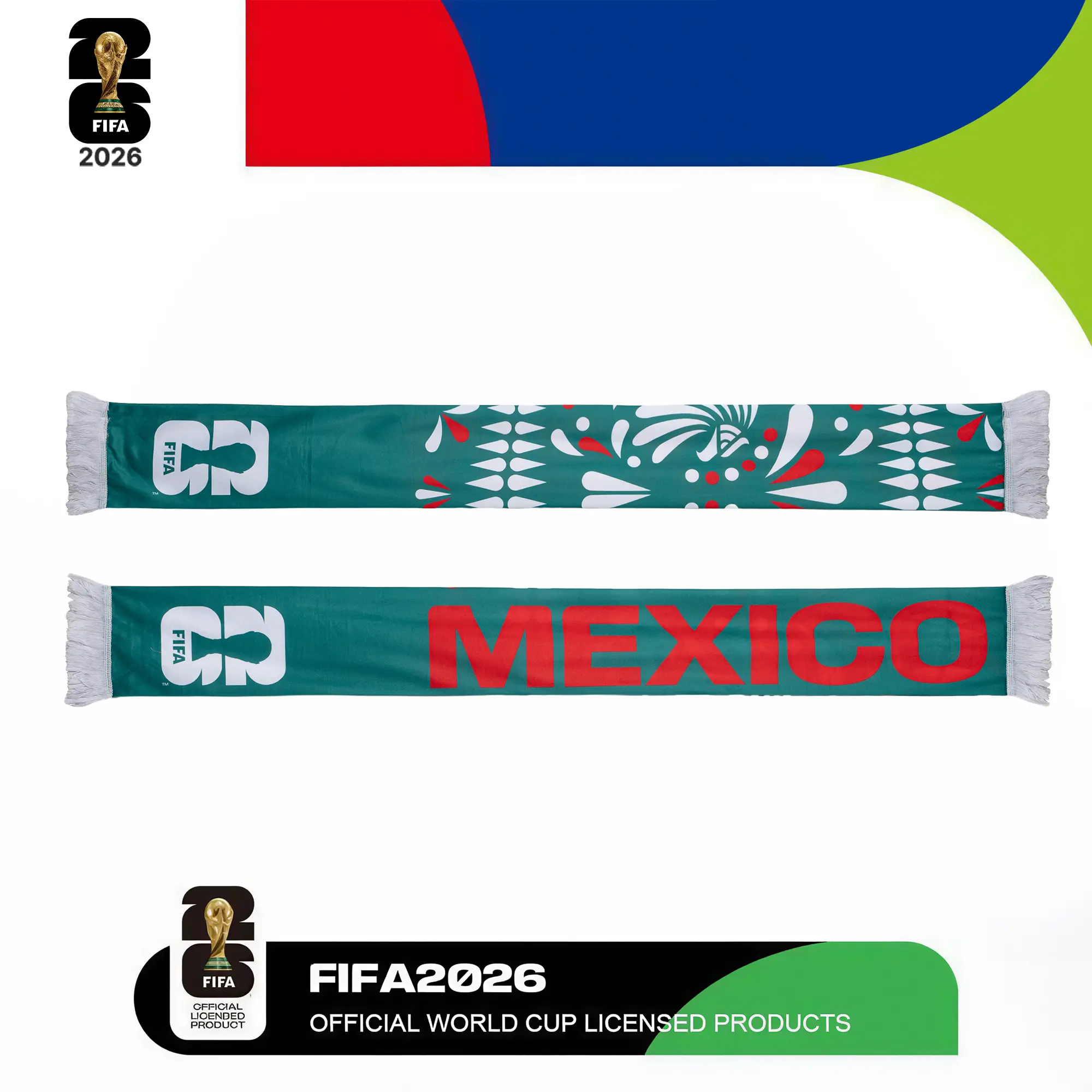 FIFA Officially Licensed 2026 World Cup Mexico El Tri Green Knit Neck Scarf - Double-Sided Silk, Bold Mexico Design, Fringered Edges, Unisex All-Season Sports Fan Accessory Gift, Collectibles, Watch Party, Mexico Theme