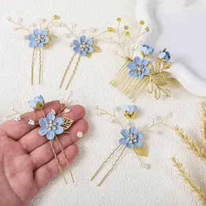 5Pcs Dusty Blue Flower Bridal Wedding Hair Side Combs+Floral Hair Pins Pearl Hair Pins Clips Pieces Formal Prom Headpieces Accessories for Brides Bridesmaids Women Girls (Blue) - Home Improvement.