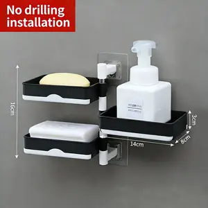 Three-tier wall-mounted, no-drill soap holder, 180-degree rotating, with soap drain tray, bathroom soap rack, toiletries storage shelf.