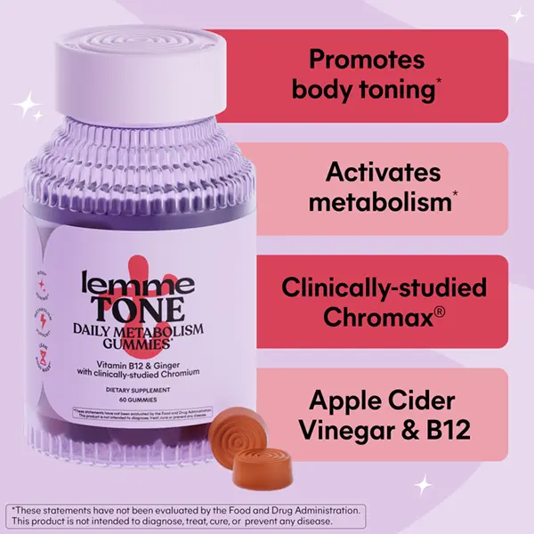 Lemme Tone Metabolism Gummies, Apple Cider Vinegar, Clinically Studied Chromium, B12, Ginger Root Extract, Watermelon Apple Flavor (30 Day Supply)