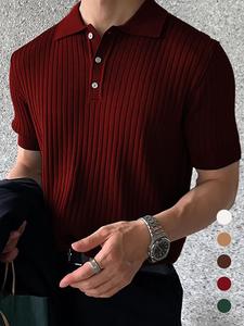 men's solid color ribbed shortsleeve knit polo shirt, regular fit casual short sleeve collared knit top for summer, fashion men's knitwear for daily wear, menswear, striped polo shirt