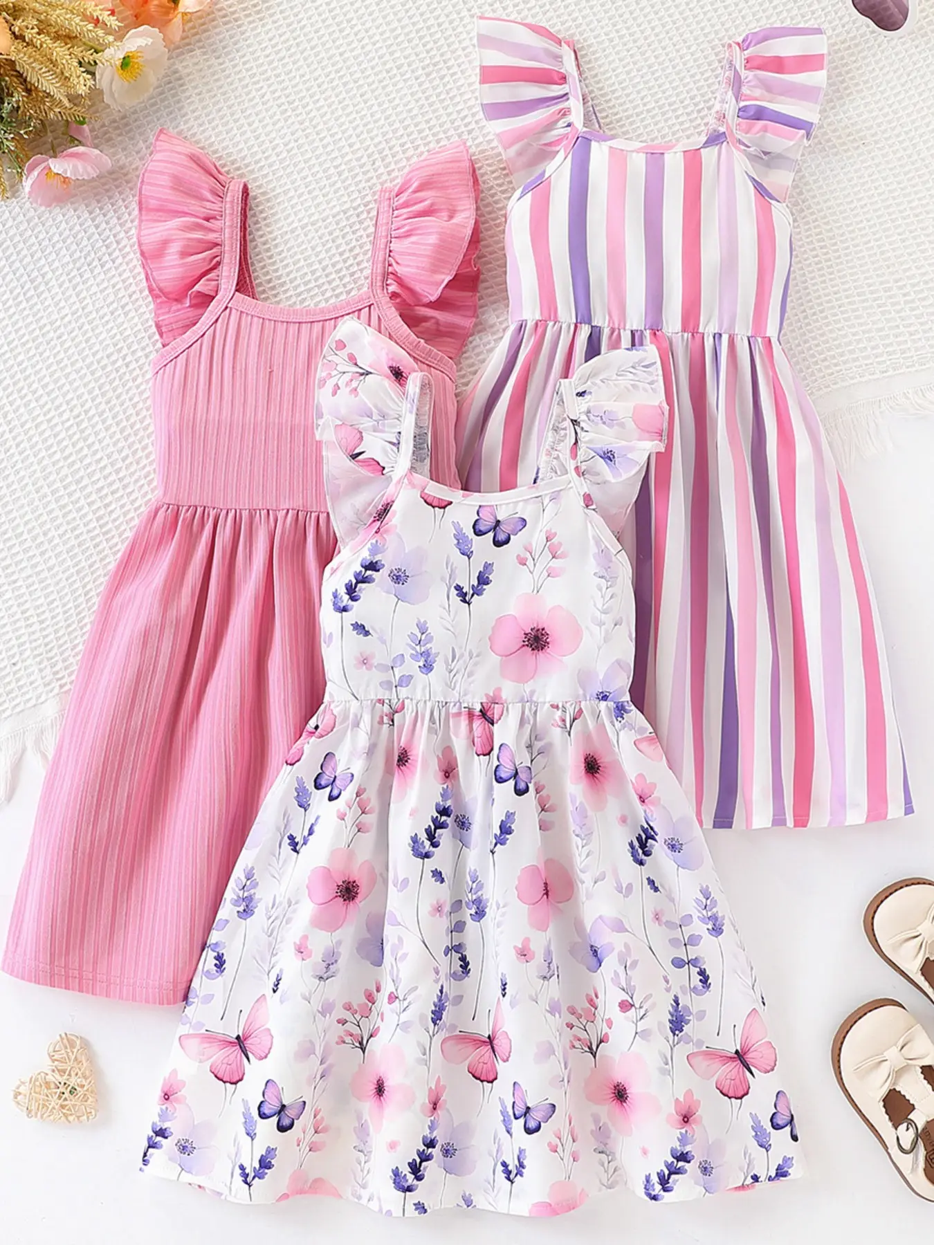 Young Girls Summer 3-Piece Simple Dresses, Sleeveless Dress, Striped Floral Print, Summer Printed Dress, Casual Fashion Dress, Perfect for Vacation Outdoor Activities