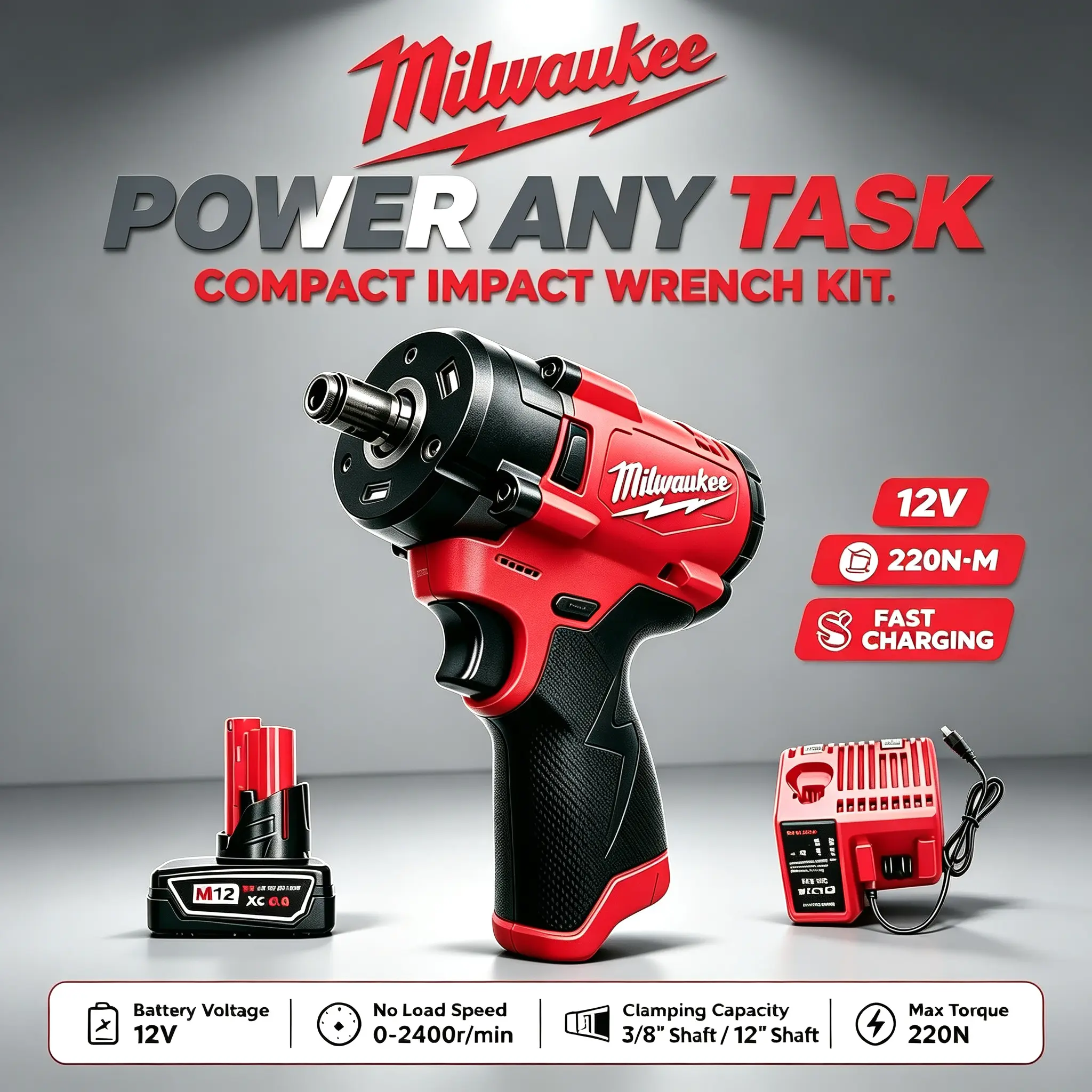 Milwaukee M12 1/2" 300NM Impact Wrench, 8AH Battery + Rapid Charger | Heavy Duty Cordless Wrench for Car Tires & Workshop Maintenance
