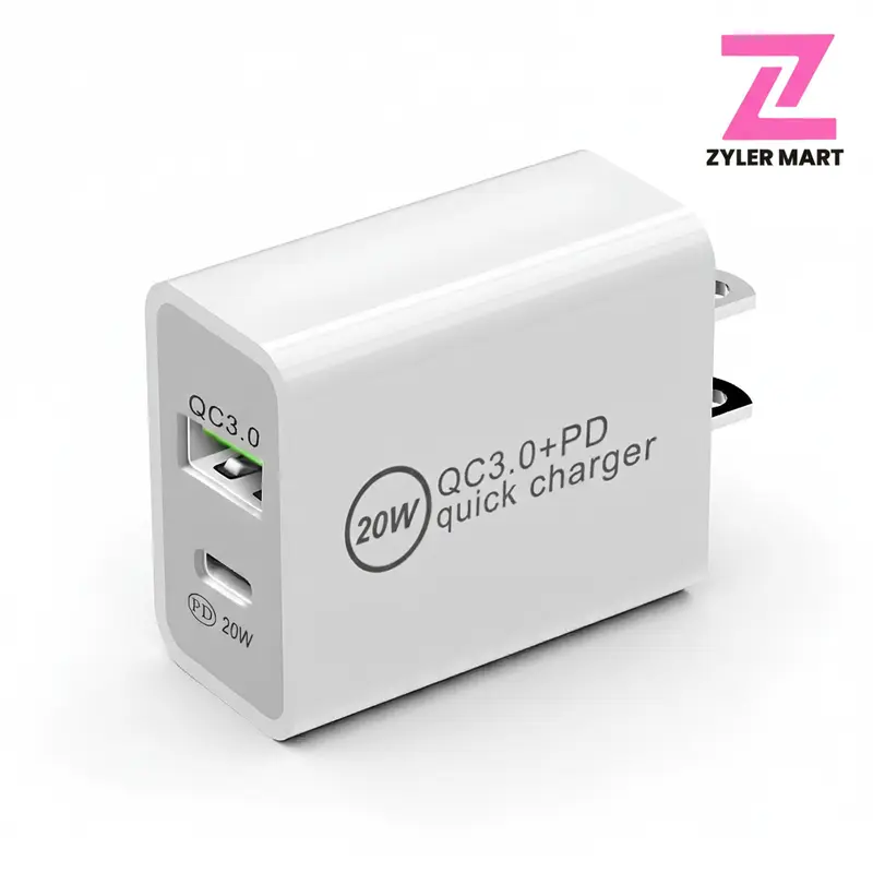 ZYLER 1pc 20W PD USB-C Fast Charger - Dual Port Type-C Plastic/Metal Metallic Wall Plug with Smart Chip Safe Protection, Electronic Charging Block for Cellphone iPhone (14/13/12/11/XR/8) Easy Setup