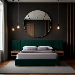 Upholstered Queen Size Bed Frame of Velvet Tufted Headboard with Floating Nightstand LED USB Built-in Green