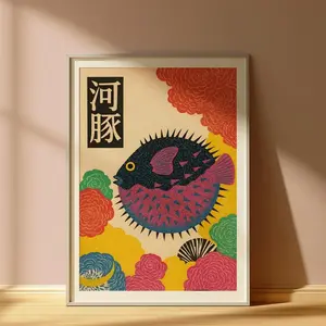 Japanese Puffer Fish Print - Vintage Japanese Woodblock Poster - Retro Japandi Decor - Colourful Fish Poster - Bold Animal Wall Art | Unframed 1