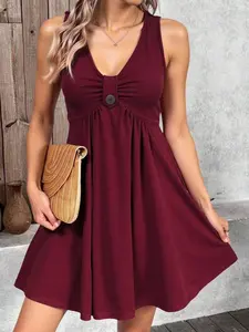 Solid Color V-Neck Sleeveless Dress - Casual Summer Vacation Essential