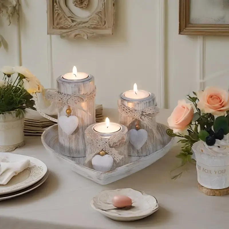White Wooden Heart-Shaped Tea Light Ornament Candle Holders Set - Decorative Mini Heart Candleholder Sets for Home Reflections, Romantic Rustic Farmhouse Home Decor, Wedding Event Design Centerpieces (Candles Not Included)