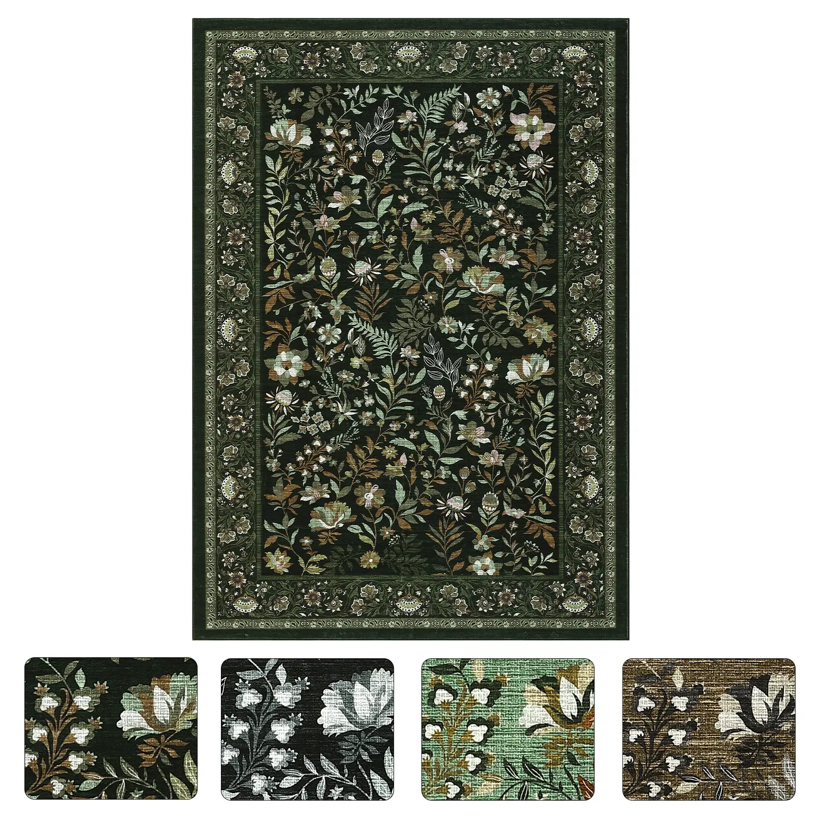 10x13 ft Dark Green Polyester Fiber Rectangular Shape Low Pile Soft Area Rug, Floral Print Foldable Modern Washable Rug for Hallway, Bathroom Entryway, Low Pile Rugs