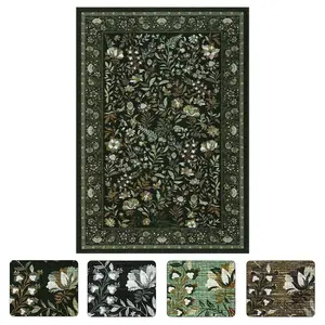 6 x 9 ft Polyester Dark Green Rectangular Hallway Bathroom Entryway Kitchen Office Foldable Flower Printed Modern Washable Area Rug