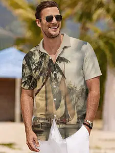 Men's 3D Fashion Summer Printed Spread Collar Shirt, Retro Sailboat Coconut Grove Oil Painting Style Short-Sleeve Shirt, Suitable for Outdoor Outfits, Beach Vacation Travel, Lightweight and Breathable, 100% Polyester, Perfect Gift for Men on Festivals